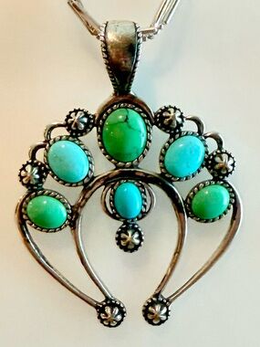 Vintage Carolyn Pollack Turquoise Sterling Silver Squash Blossom Pendant